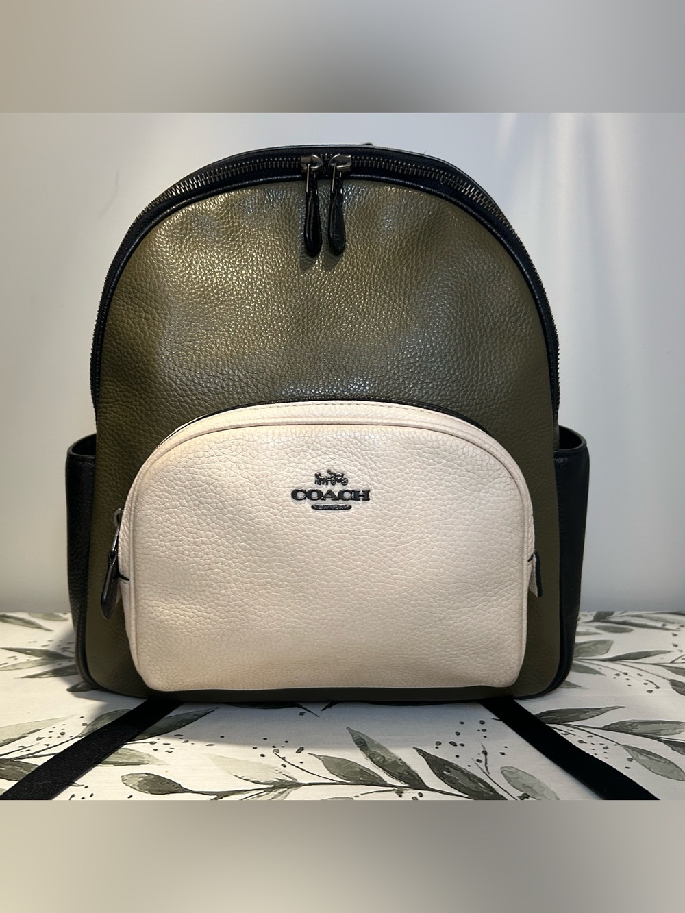 Coach Two-Tone Leather Backpack in Olive Green and Cream